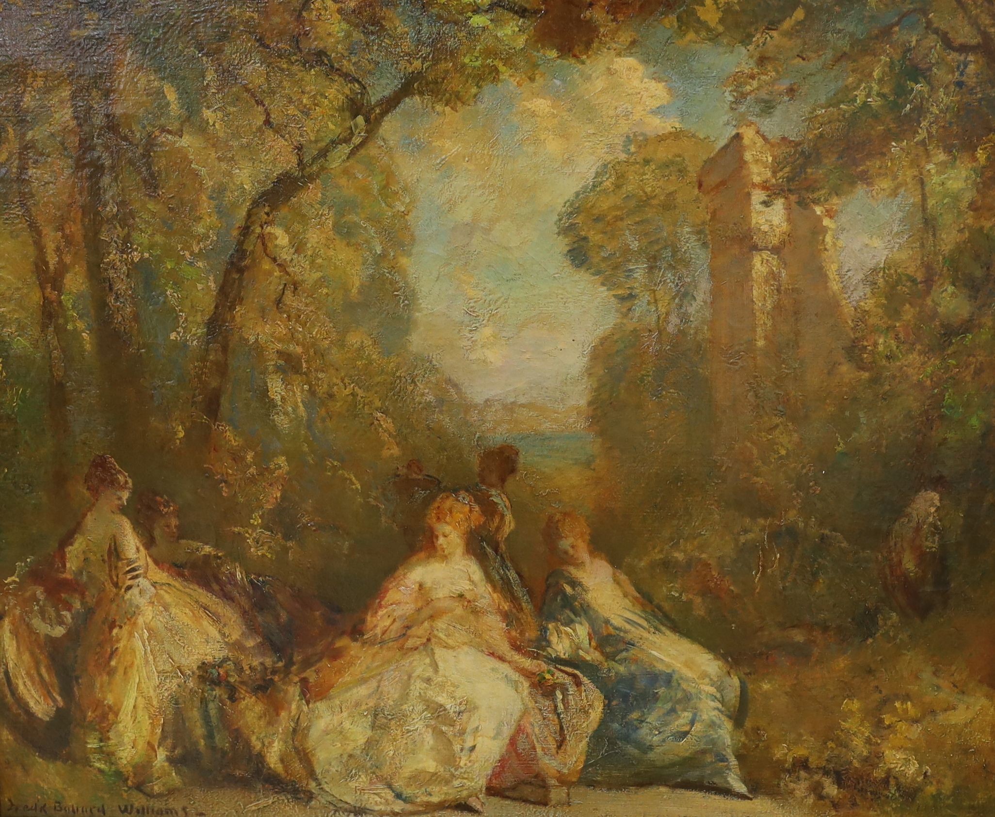 Frederick Ballard Williams (1871-1956), oil on canvas, '18th century ladies in gardens', signed, 62 x 74cm